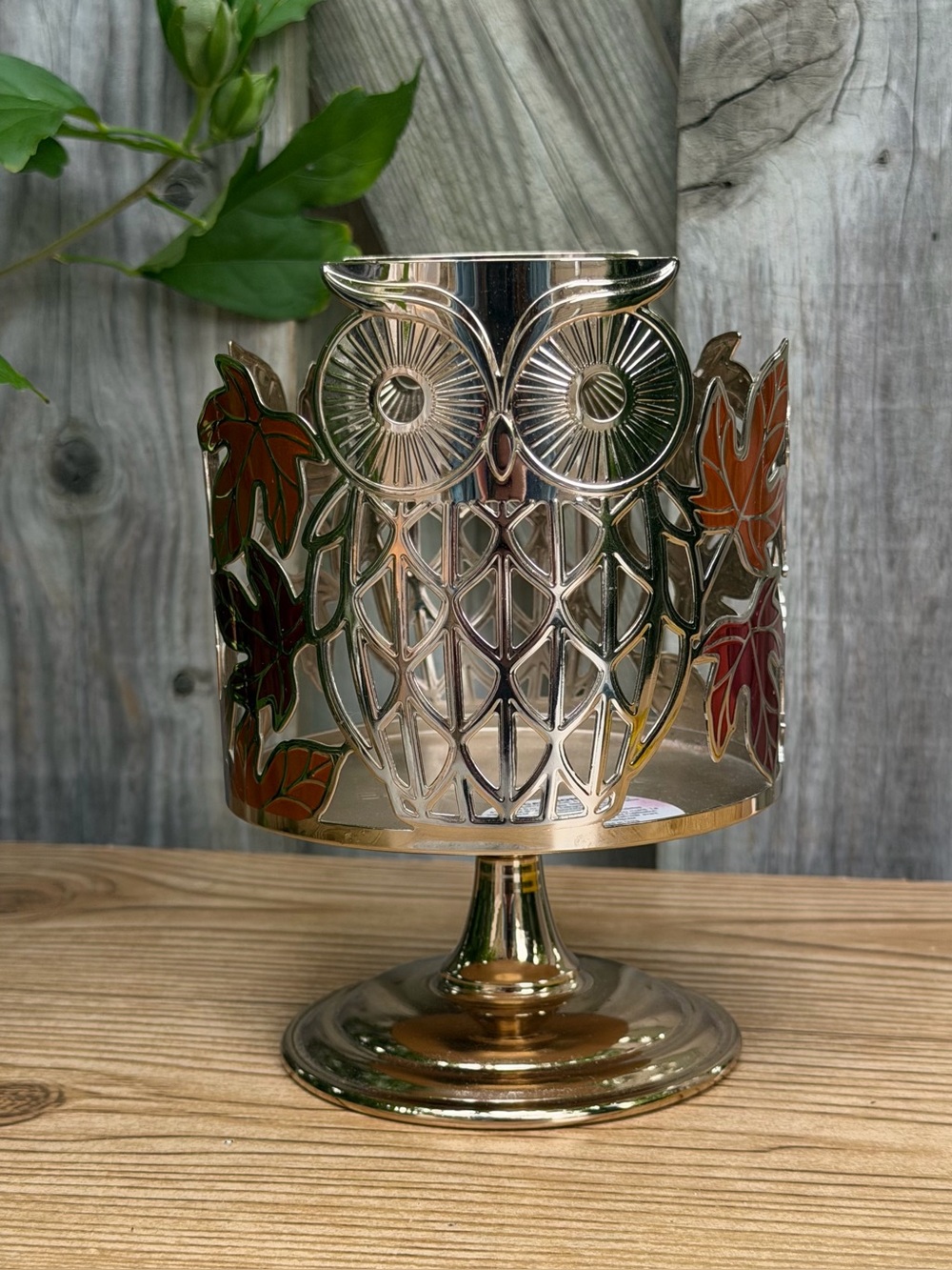 Bath & Body Works Owl Fall Autumn Leaf 3-Wick Candle Sleeve Pedestal - Picture 3 of 9